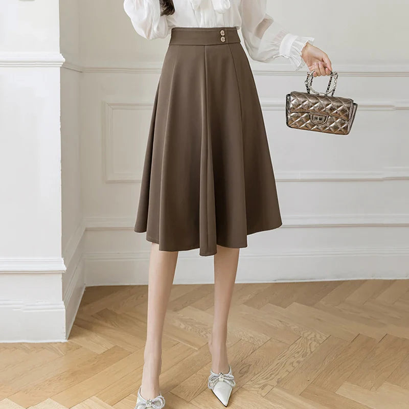 FashionSierra - Office High Waist A-line Umbrella Women Autumn Vintage Mid-length 2024 New Fashion Temperament Femme Jupe Skirt