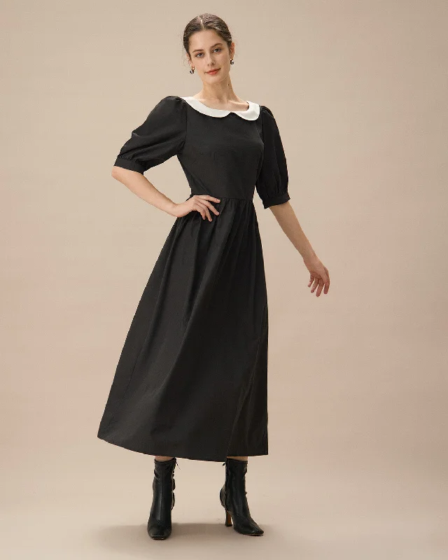 Black Contrasting Puffed Sleeve Maxi Dress